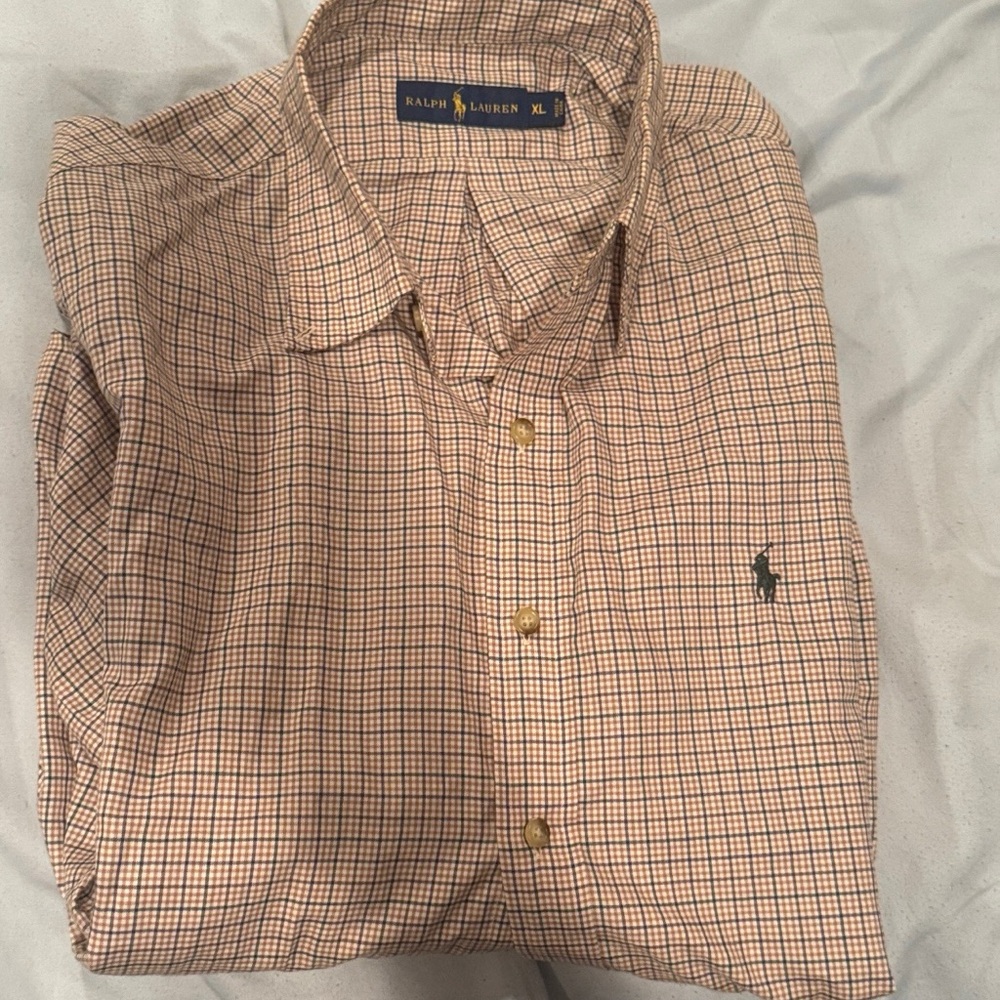 Ralph Lauren Men's Tan and Blue Plaid Shirt